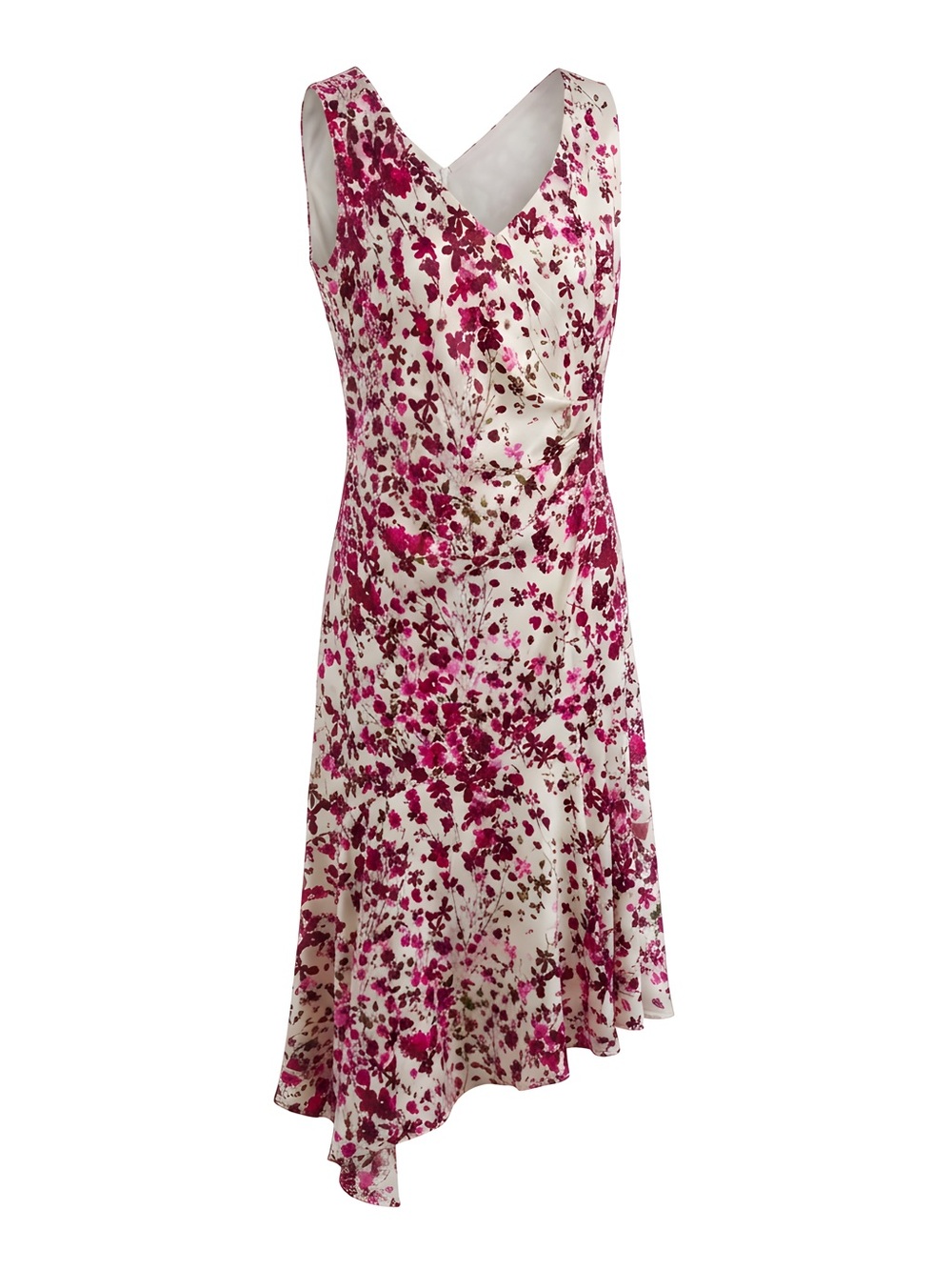 Taylor Cream and Fuchsia Floral Asymmetrical V-Neck Dress